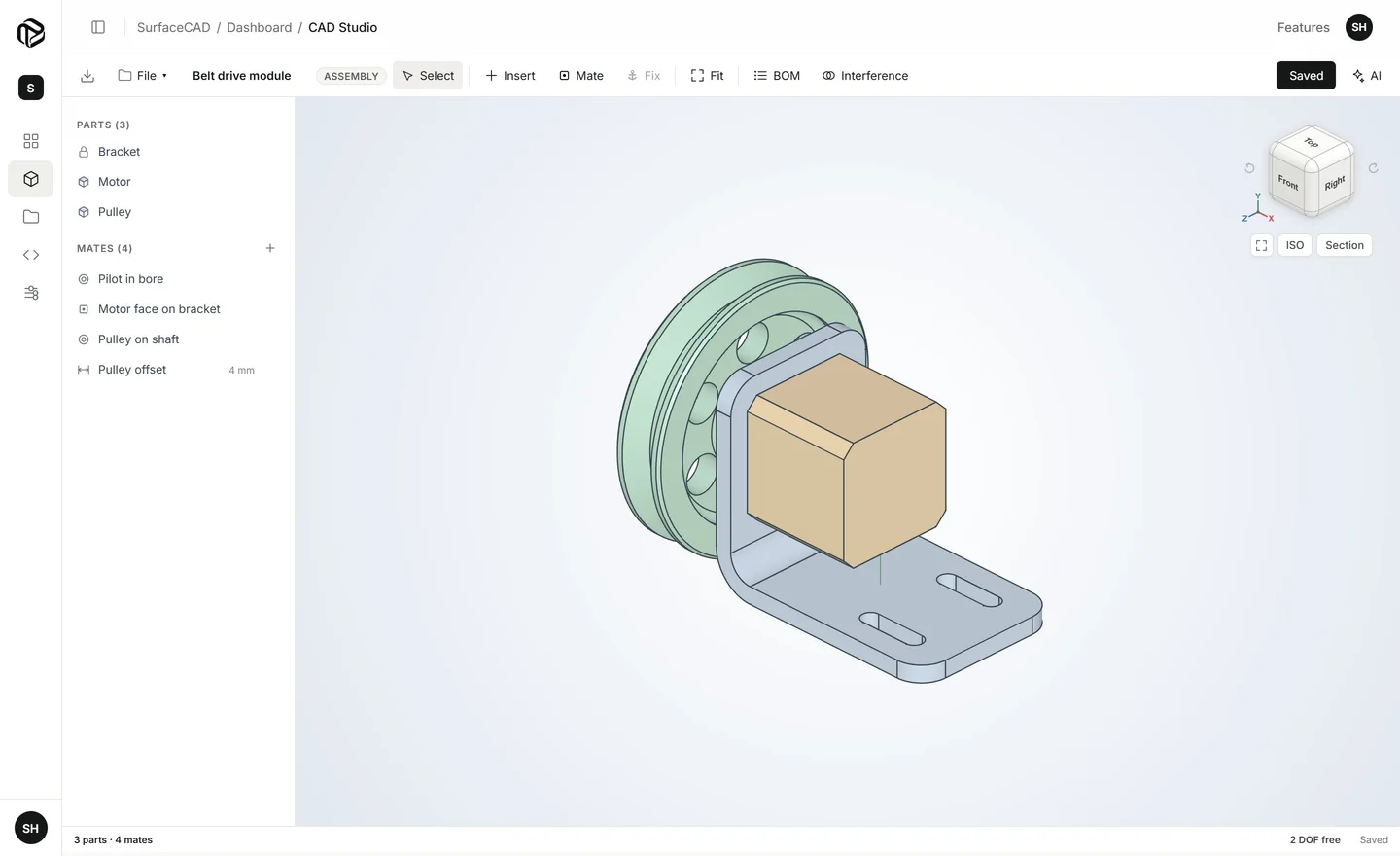 Assembly Studio with the Belt drive module: a bracket, a gear motor and a pulley held by four mates.