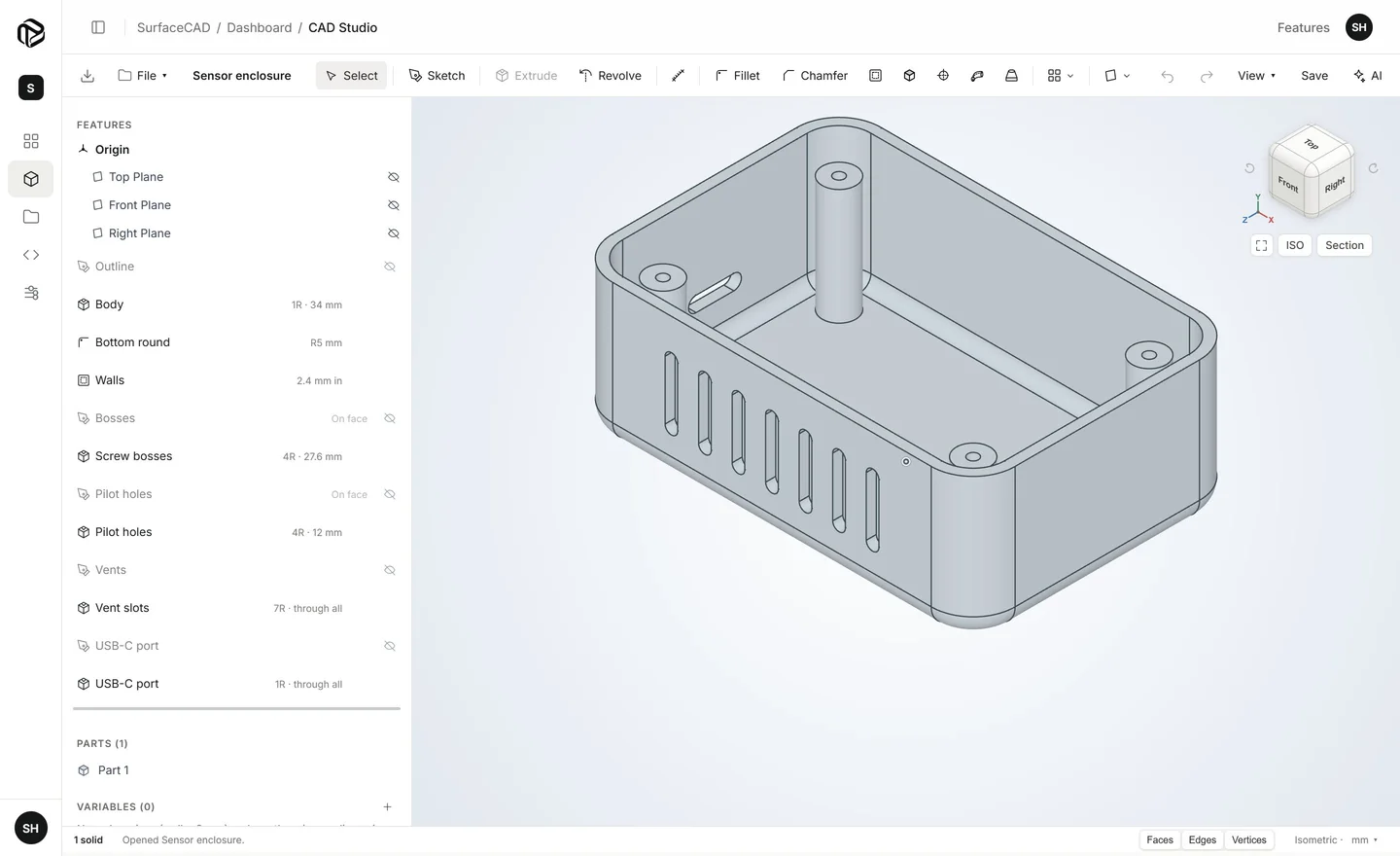 CAD Studio with the Sensor enclosure open: the feature tree on the left and the shelled box in 3D.